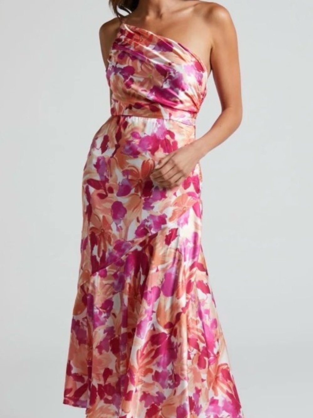 Hello Molly One-Shoulder Pink & Peach Floral Midi Dress - Picture 8 of 8